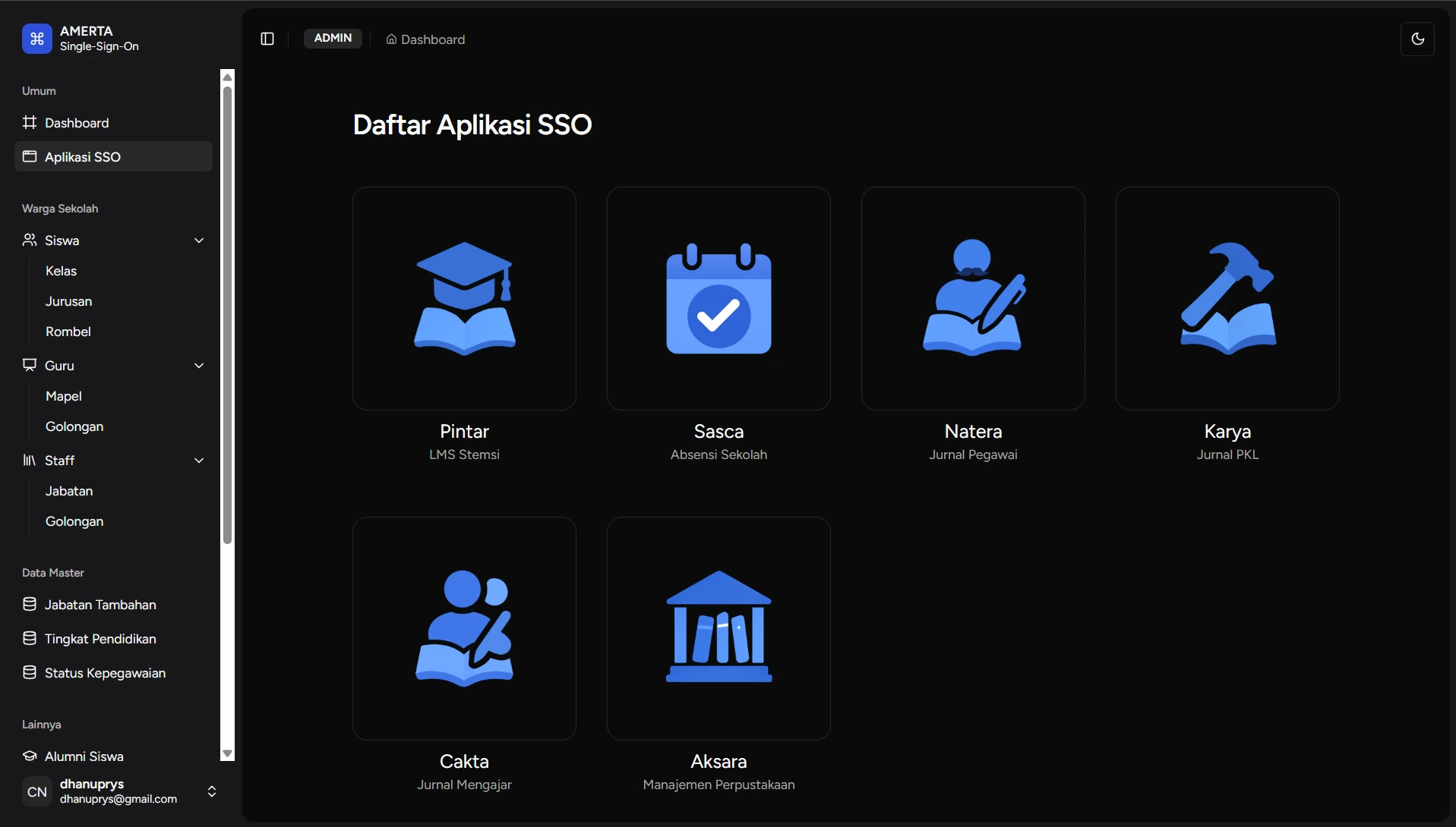 Screenshot dashboard SSO STEMSI - sistem single sign-on untuk SMK Negeri 3 Singaraja dengan antarmuka yang bersih dan fungsional