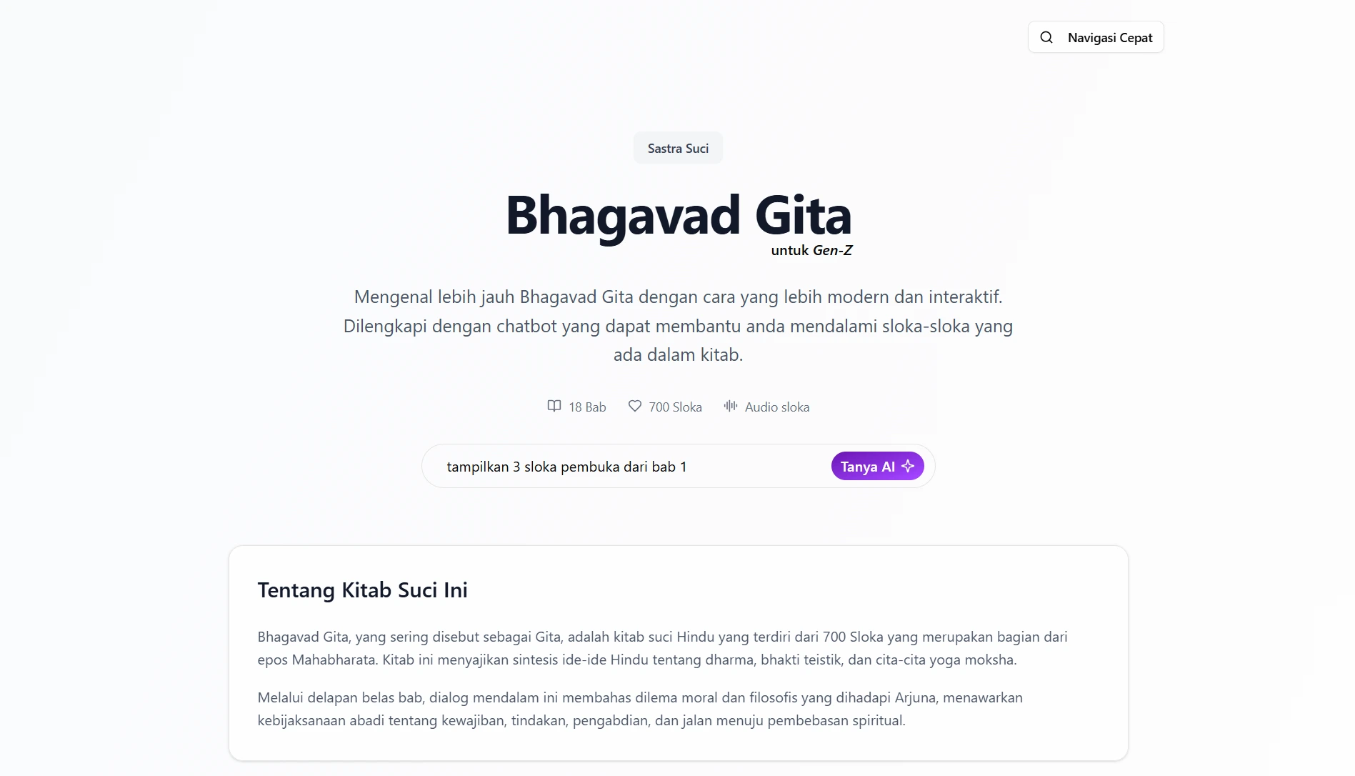 Screenshot aplikasi Gita AI - webapp yang menyajikan informasi Bhagavad Gita dengan bantuan AI dan antarmuka yang user-friendly
