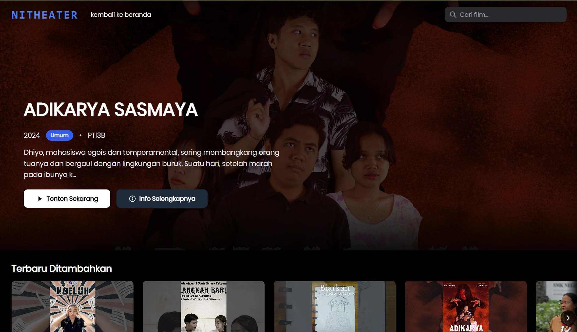 Screenshot halaman NITHEATER - bagian dari festival film Nitisara dengan desain yang menarik dan informatif