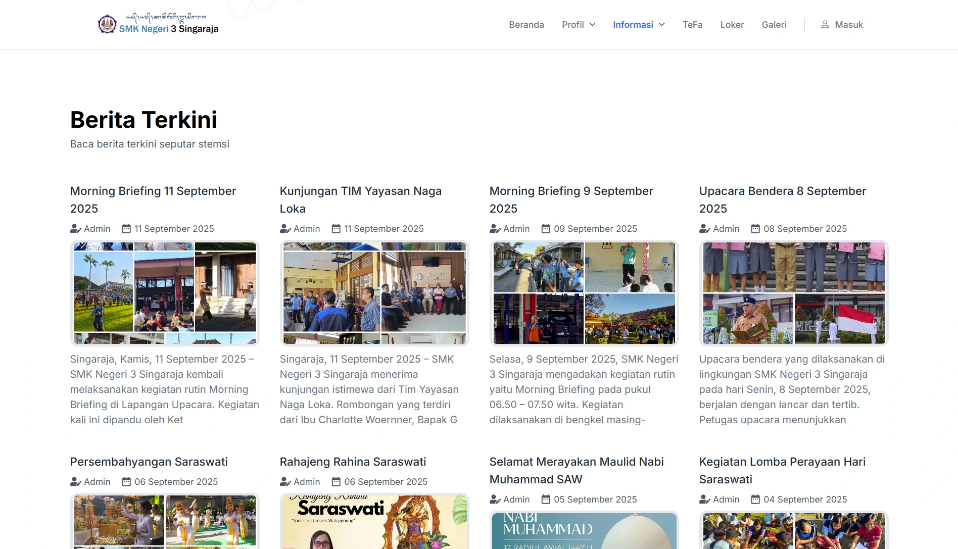 Screenshot halaman utama website STEMSI - website informasi SMK Negeri 3 Singaraja dengan desain modern dan responsif